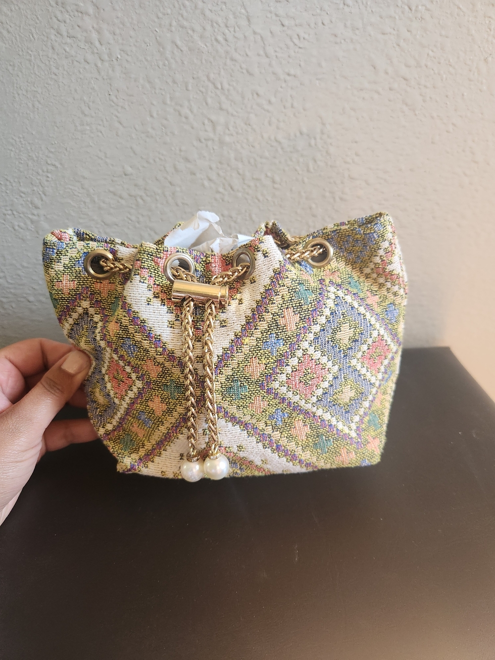 Boho Embroidered Drawstring Bucket Bag in Multicolor
